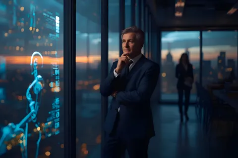 Thoughtful businessman in suit analyzing AI digital interface with robot figure in modern office at sunset.