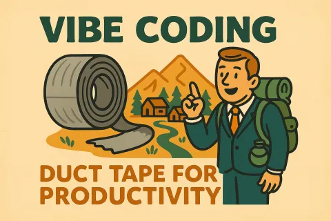 Cartoon man with backpack pointing at duct tape roll and mountain village with Vibe Coding productivity text