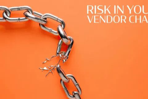 Close-up of a broken chain link symbolizing risk in vendor supply chains on an orange background