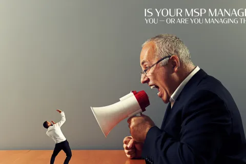 Giant man with megaphone shouting at a scared smaller man against a plain wall background.