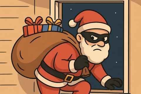 Cartoon of Santa Claus wearing a mask sneaking out of a window with a sack of gifts at night.