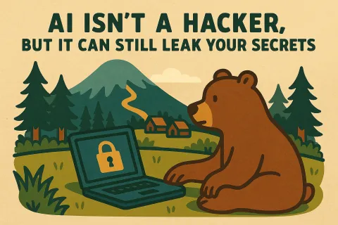 Illustration of a bear beside a locked laptop with text about AI not being a hacker but leaking secrets in a forest setting.