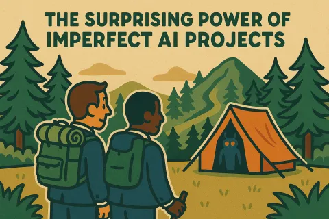 Two hikers with backpacks looking at a glowing-eyed creature inside an orange tent in a forest with mountains.
