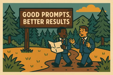 Two suited men with backpacks hiking on a forest path with a sign that says Good Prompts, Better Results.