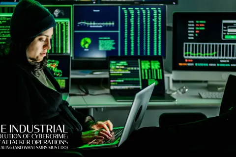 Person in dark clothing working on laptop surrounded by multiple monitors displaying code and data.