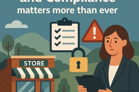 Businesswoman with clipboard assessing governance, risk, and compliance near a store with icons for checklist and security.