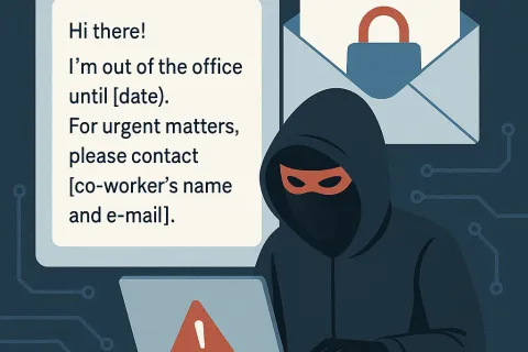 Hacker in hoodie with laptop exploits out-of-office email autoreply posing cybersecurity risk.