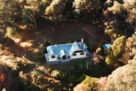 Aerial view of a house surrounded by dense forest with sunlight filtering through the trees.