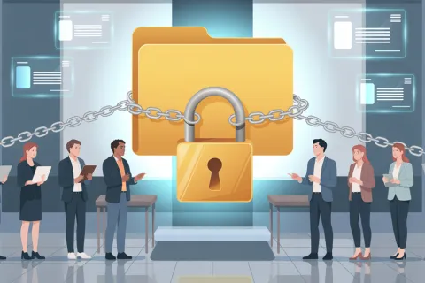 Business professionals around a large locked file folder symbolizing data security and cybersecurity protection.