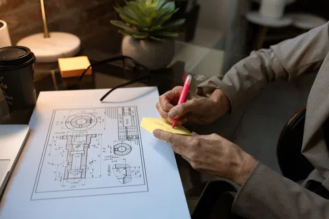 Person writing on yellow sticky notes next to engineering blueprint and workspace items on glass desk