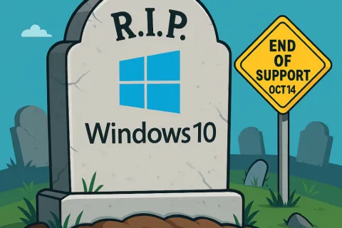 Tombstone with Windows 10 logo and R.I.P. text next to sign reading End of Support Oct 14 in a graveyard.