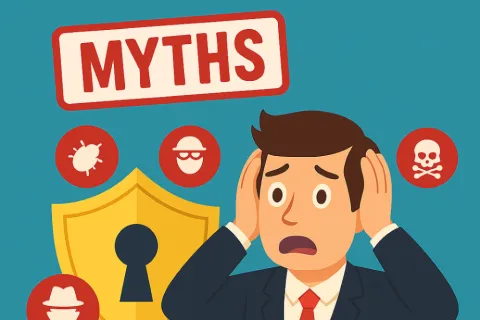 Worried businessman surrounded by myths and security icons including shield and threat symbols on blue background.