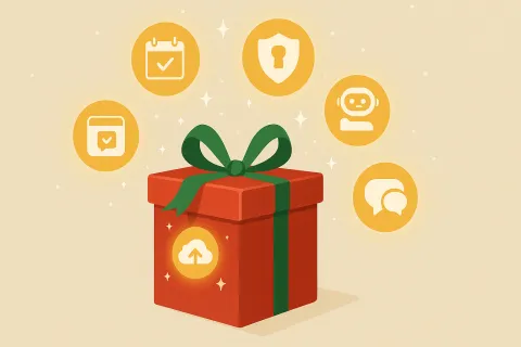 Red gift box with green ribbon surrounded by icons of calendar, security shield, chatbot, chat bubbles, and cloud upload.