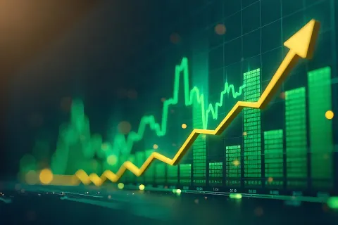 Green financial chart with bright yellow upward arrow indicating growth and positive market trends.