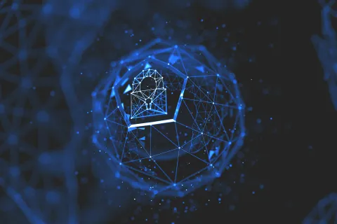 Blue digital lock symbol within a network sphere representing cybersecurity and data protection concepts.