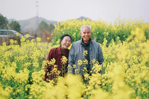 a man and woman standing in a field of yellow flowers