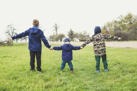 a group of people playing in a grassy field