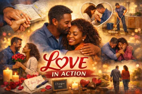 Romantic African American couple sharing love, forgiveness, and support through hugs, prayer, flowers, and daily care.