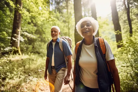 a man and woman walking in the woods