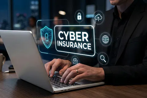 Person typing on laptop with digital cyber insurance icons and shield lock symbols floating above keyboard.