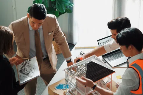 Architects and engineers collaborate over a building model and blueprints in a bright office meeting.