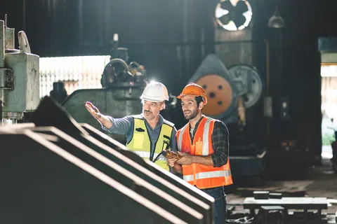 Two construction workers in helmets and reflective vests discuss machinery inside an industrial factory setting.