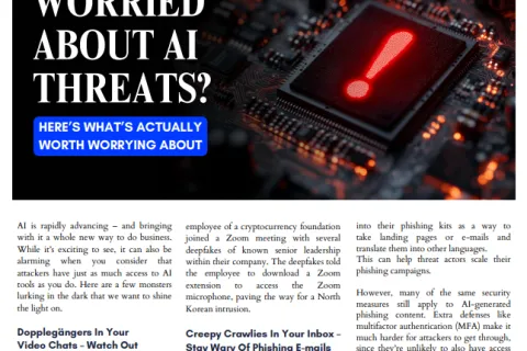 Technology Times cover showing AI threat warning with a glowing red exclamation mark on a microchip.