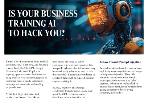 Magazine cover titled Technology Times with a robot and headline about AI risks for businesses.