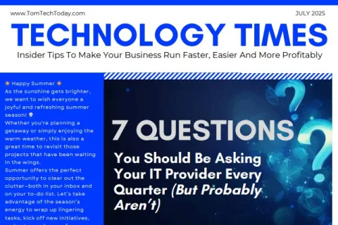 Technology Times July 2025 cover with IT security questions, summer message, and CEO Lisa Nikekamp-Urwin photo.