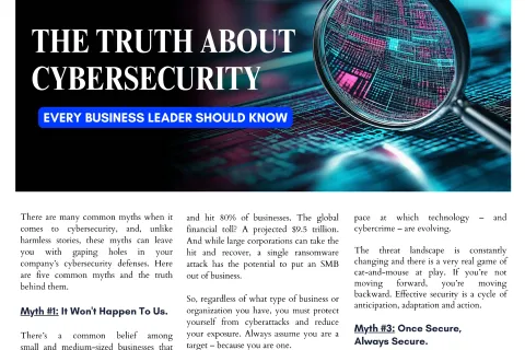 Technology Times cover highlighting cybersecurity myths with a magnifying glass over digital data visuals.