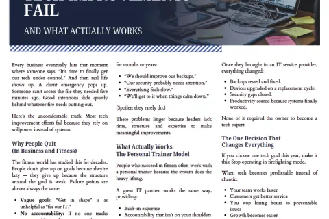 Technology Times cover from February 2026 discussing why most business tech improvements fail and what works.