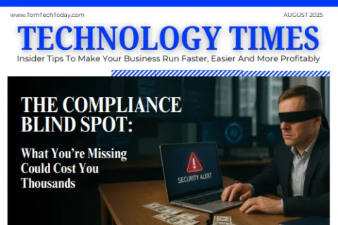 Businessman blindfolded with laptop showing security alert and cash on desk highlighting compliance risks