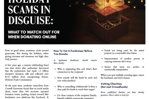 Holiday scams warning with a glowing gift box and tips on how to vet fundraisers before donating online.