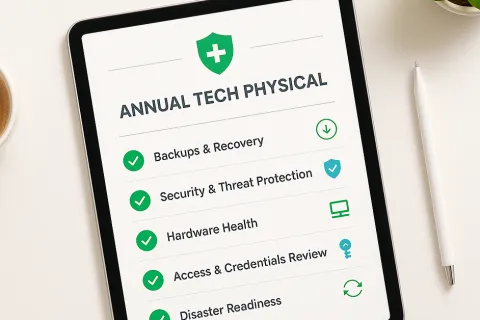 Tablet screen showing Annual Tech Physical checklist with items like backups, security, hardware health, and disaster readiness.