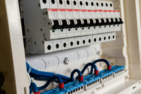 Close-up of an electrical circuit breaker panel with multiple switches and blue wiring connections.