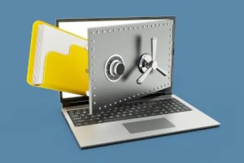 Laptop with a vault door opening to reveal a secure yellow file folder representing data protection and cybersecurity.