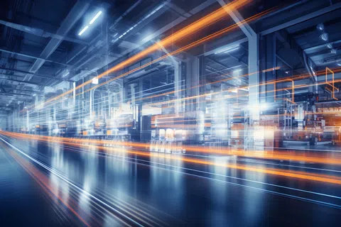 Futuristic industrial factory interior with glowing lines representing fast data and automation processes.