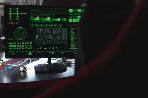 Computer monitor displaying green text and graphics with code and data charts on a dark desk.