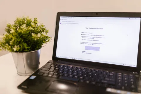 Laptop on desk displaying a credit card locked notification with a small potted plant beside it.