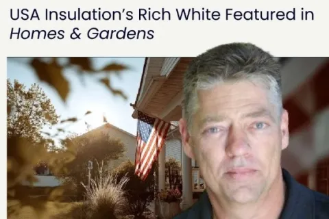 Portrait of Rich White from USA Insulation with an American flag and house in the background