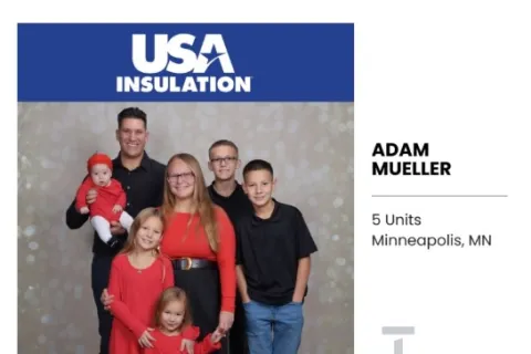 Family portrait with six members posing under USA Insulation logo, highlighting Adam Mueller from Minneapolis