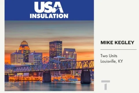 USA Insulation franchise awarded to Mike Kegley for two units in Louisville Kentucky with city skyline and bridge.