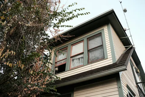 Beige two-story house with green trim partially obscured by a large tree with mixed green and dried leaves.