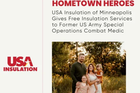 USA Insulation honors a US Army combat medic with free insulation services, featuring a smiling family in a field.