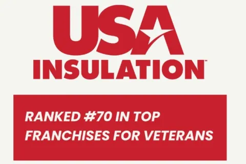 USA Insulation logo with text ranking it #70 in top franchises for veterans in red and white colors