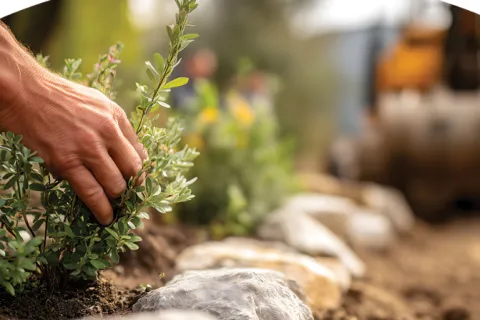 Hand planting a small shrub along a stone-lined garden bed outdoors in spring.