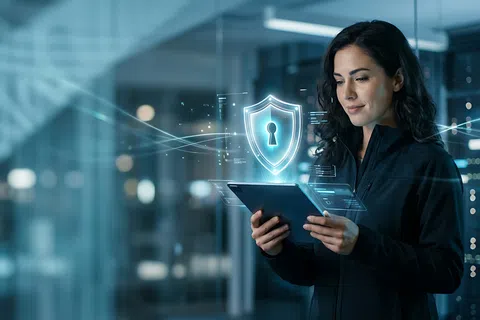 Woman holding a tablet with digital security shield icon and keyhole hologram in modern office at night.
