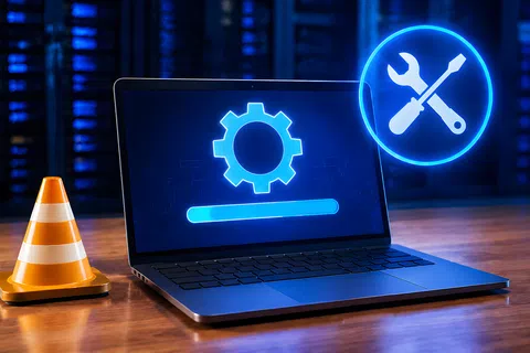 Laptop on a desk showing a blue settings gear and progress bar with a wrench and screwdriver icon and caution cone