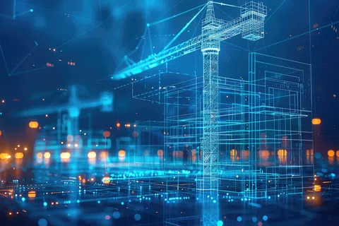 Digital blueprint of a building under construction with a crane and glowing city lights in the background.