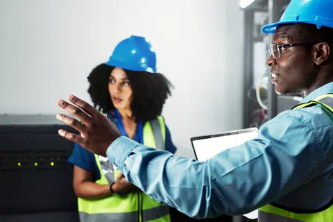 Two engineers in blue helmets and reflective vests working and discussing inside a technical facility or server room.